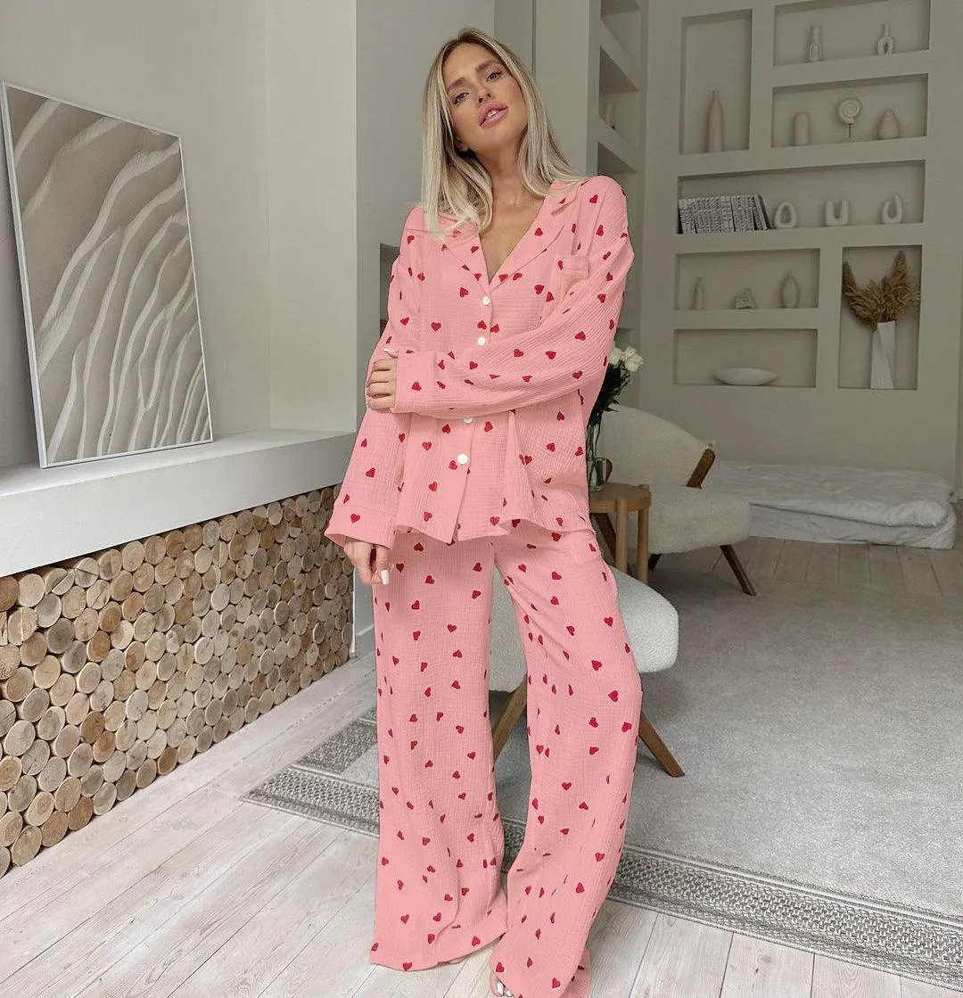 Cozy Heart-Print Cotton Pajamas Set for Women