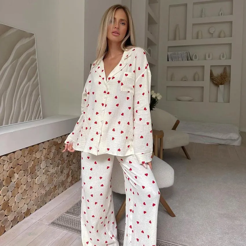 Cozy Heart-Print Cotton Pajamas Set for Women