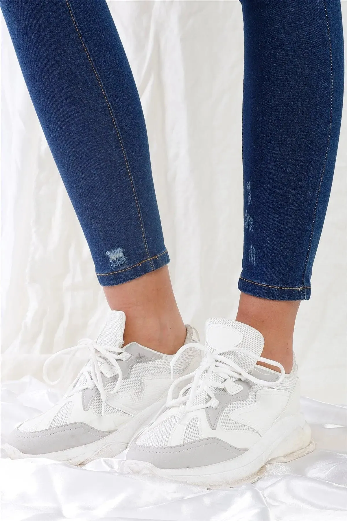 Dark Blue High-Waisted With Rips Skinny Denim Jeans /1-3-3-2-1-1-1