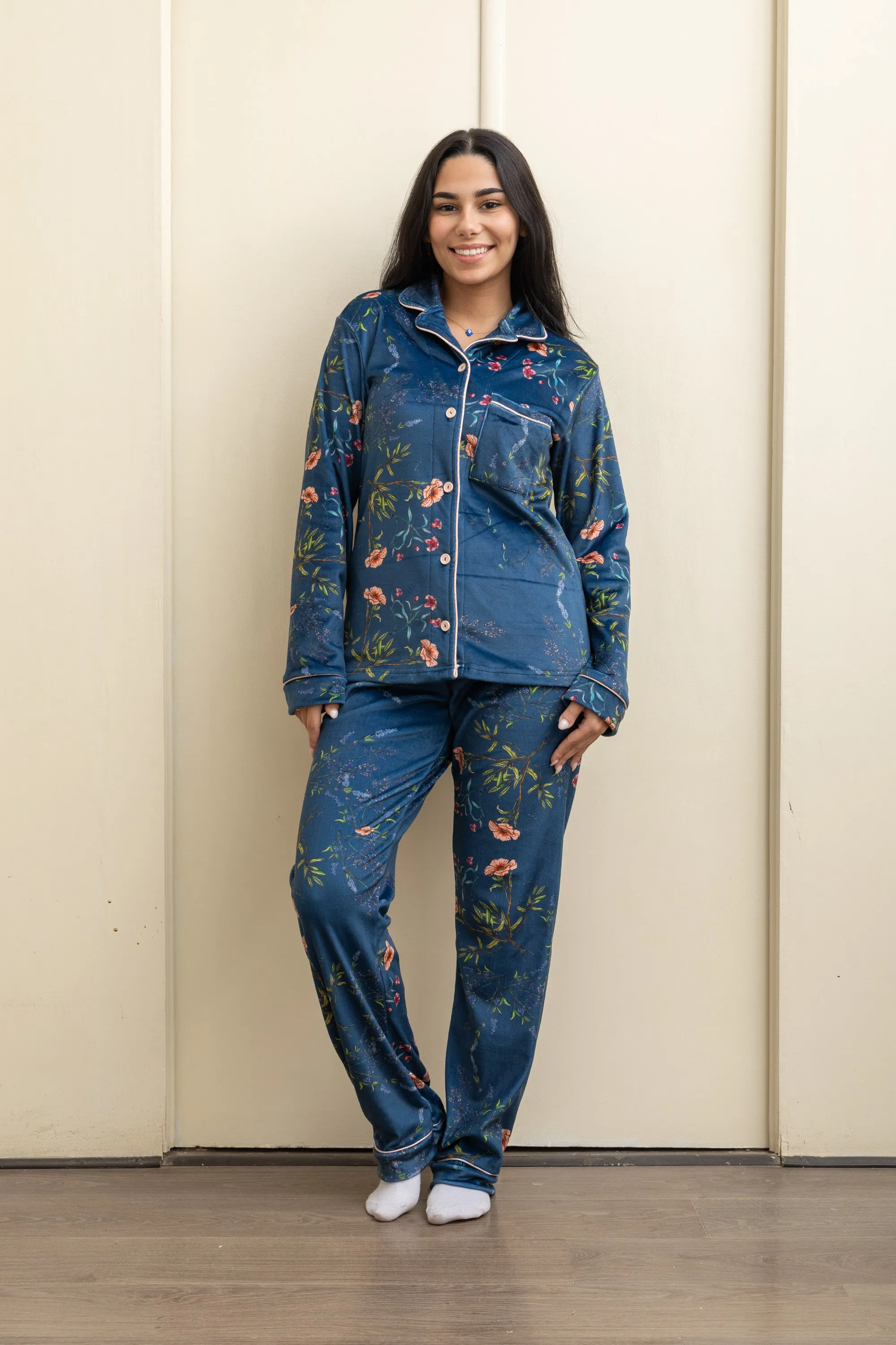 Dark Blue Velvet-Touch Pajama - Cozy Luxury