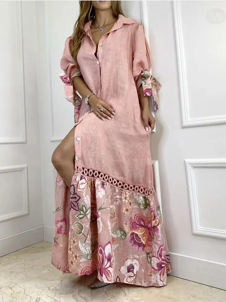 Elegant Lantern Sleeve Sundress Women Dress Fashion Lapel Neck Boho Printing Shirt Dress Single Breasted Maxi Dress Robe Femme