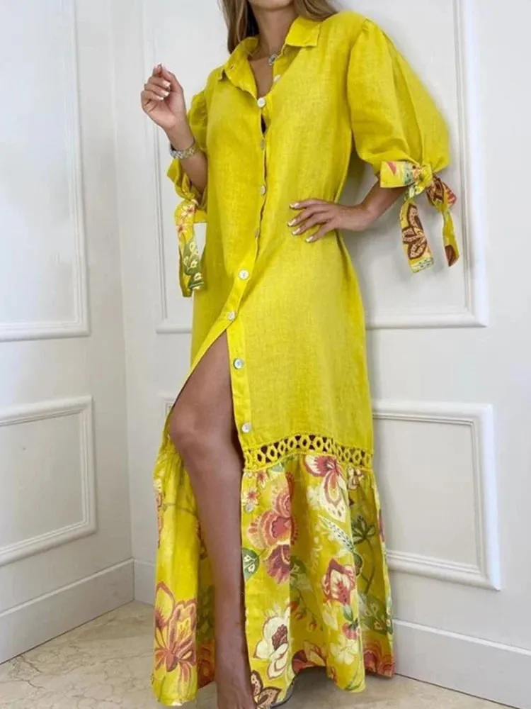Elegant Lantern Sleeve Sundress Women Dress Fashion Lapel Neck Boho Printing Shirt Dress Single Breasted Maxi Dress Robe Femme