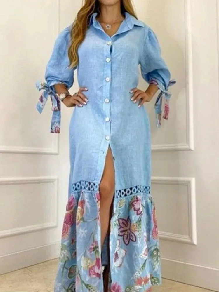 Elegant Lantern Sleeve Sundress Women Dress Fashion Lapel Neck Boho Printing Shirt Dress Single Breasted Maxi Dress Robe Femme