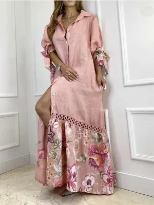 Elegant Lantern Sleeve Sundress Women Dress Fashion Lapel Neck Boho Printing Shirt Dress Single Breasted Maxi Dress Robe Femme