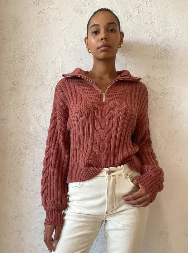 Ena Pelly Alana Zip Neck Knit Jumper in Copper