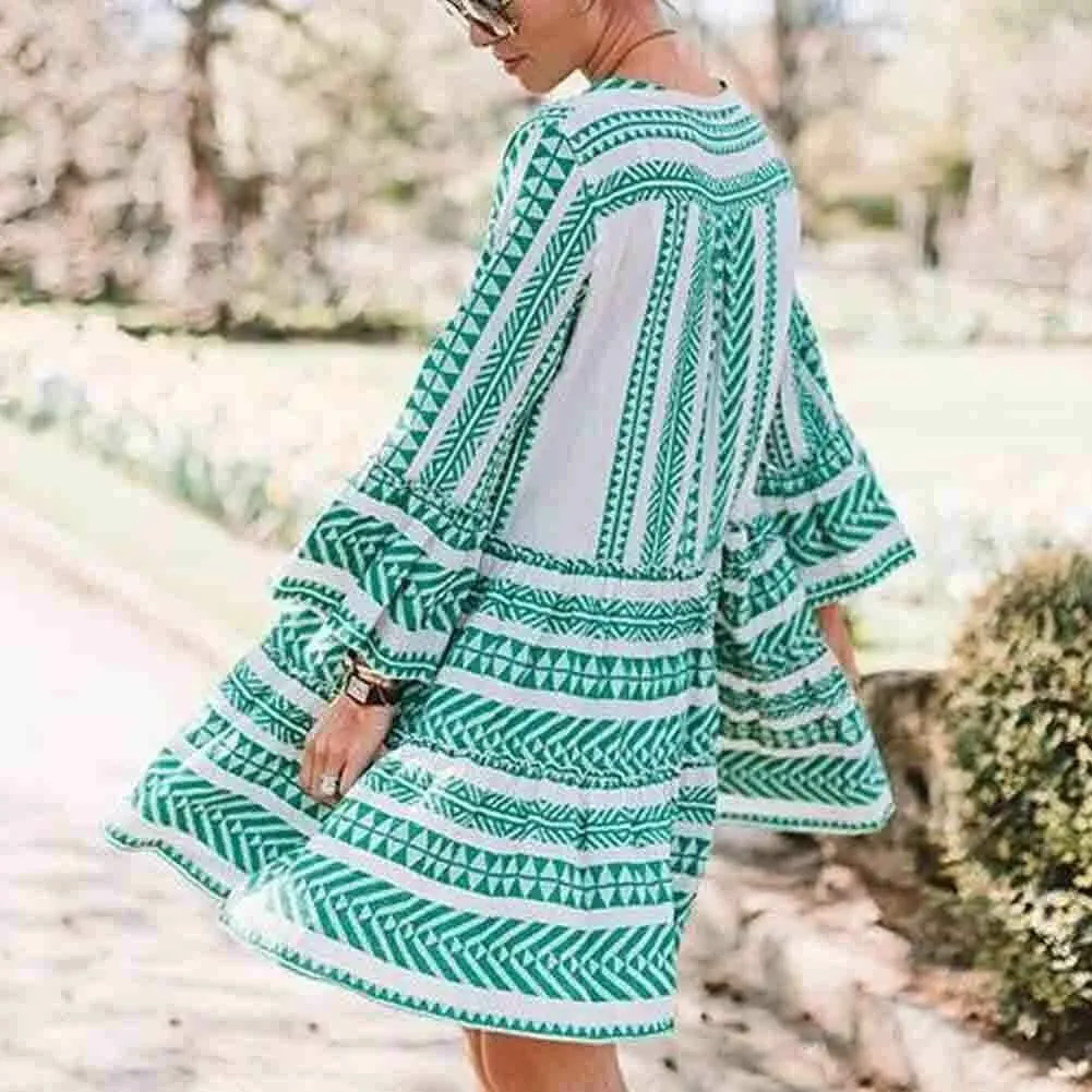 FashionSierra - New Ladies Women Fashion Boho Summer Smock Swing Dress Tops Holiday Beach Casual V Neck Loose Frill Sundress