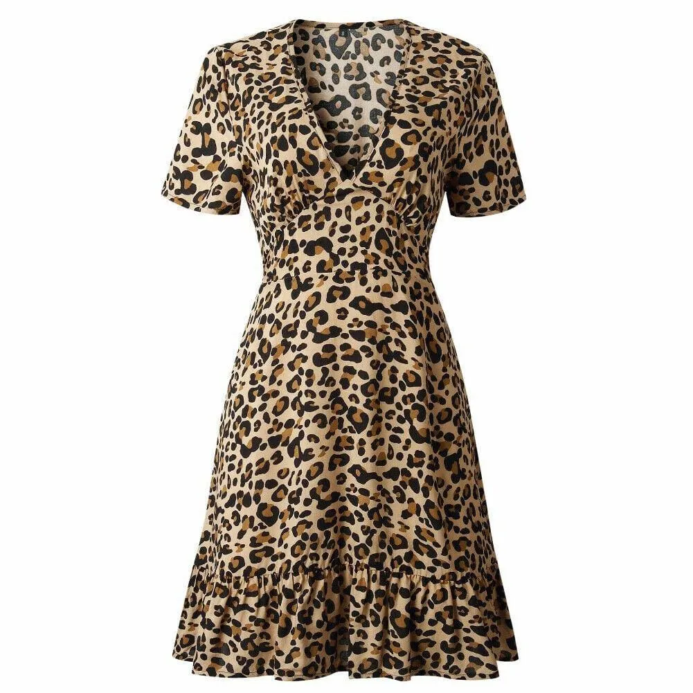 FashionSierra - Women Leopard Print Sexy V Neck Dress New Fashion Ladies Summer Beach Short Mini Dress Sundress Casual Short Sleeve Party Dress