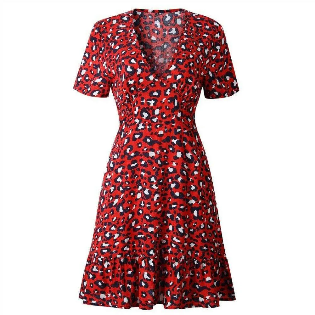 FashionSierra - Women Leopard Print Sexy V Neck Dress New Fashion Ladies Summer Beach Short Mini Dress Sundress Casual Short Sleeve Party Dress