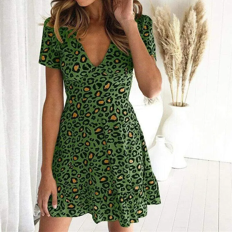 FashionSierra - Women Leopard Print Sexy V Neck Dress New Fashion Ladies Summer Beach Short Mini Dress Sundress Casual Short Sleeve Party Dress