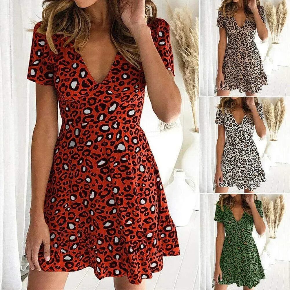 FashionSierra - Women Leopard Print Sexy V Neck Dress New Fashion Ladies Summer Beach Short Mini Dress Sundress Casual Short Sleeve Party Dress