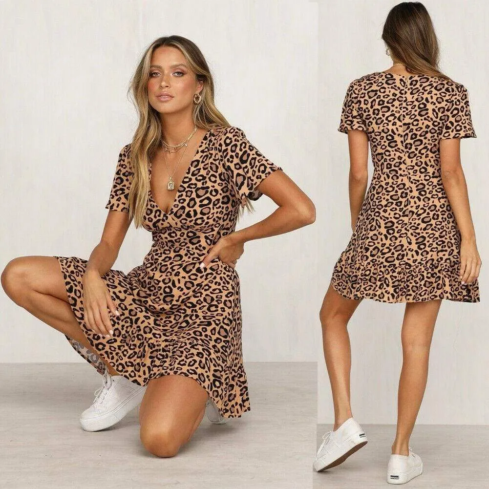 FashionSierra - Women Leopard Print Sexy V Neck Dress New Fashion Ladies Summer Beach Short Mini Dress Sundress Casual Short Sleeve Party Dress