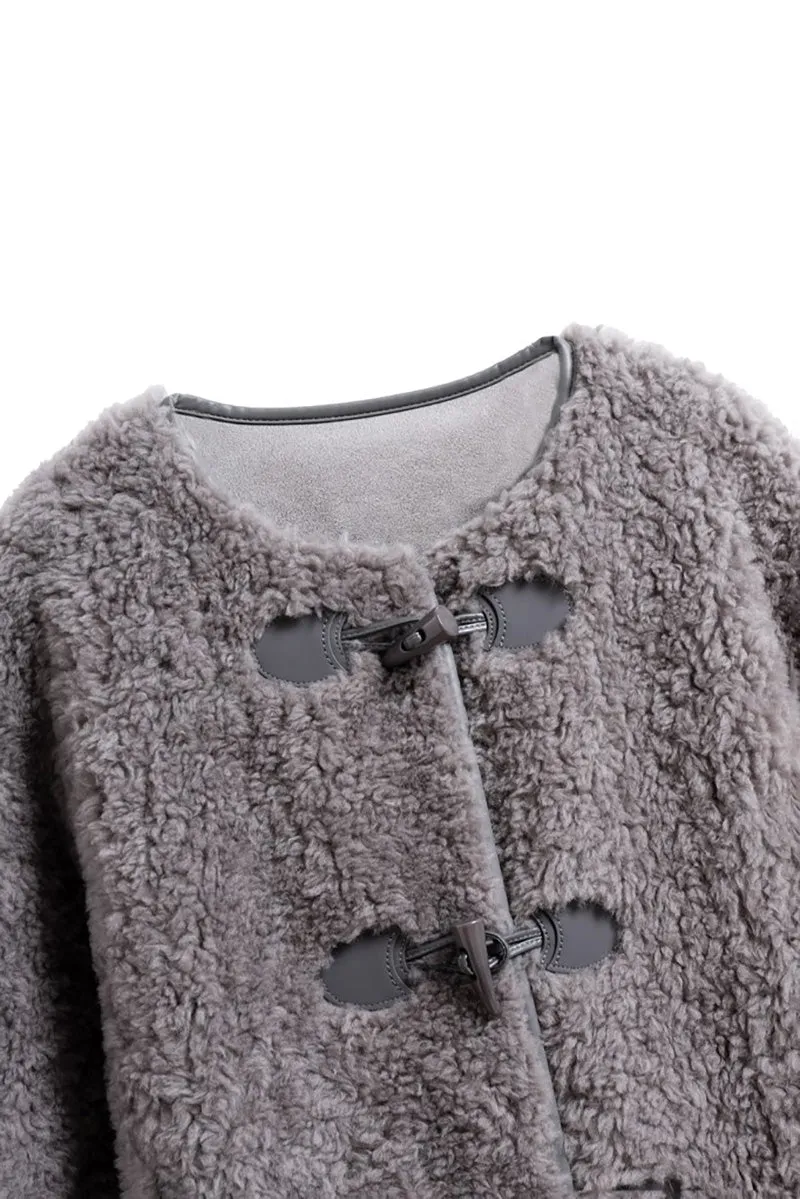 Faux Shearling Collarless Teddy Wool Toggle Coat