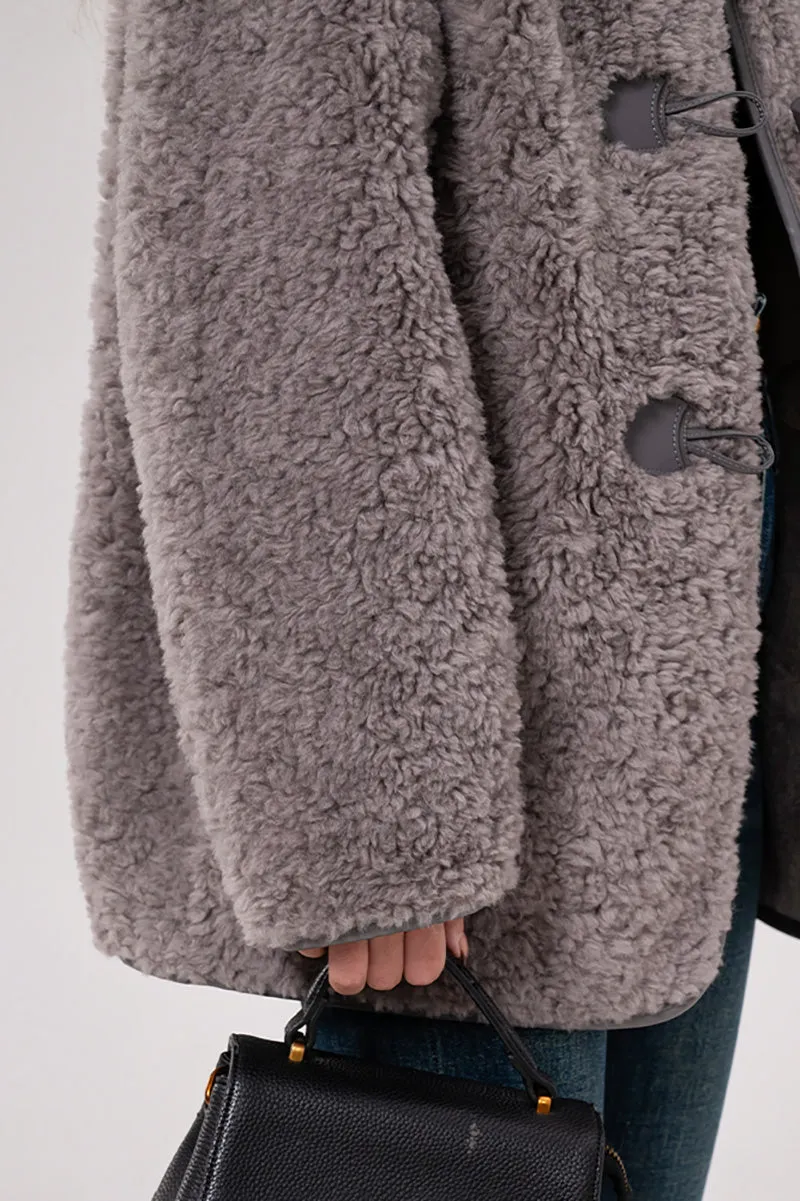 Faux Shearling Collarless Teddy Wool Toggle Coat