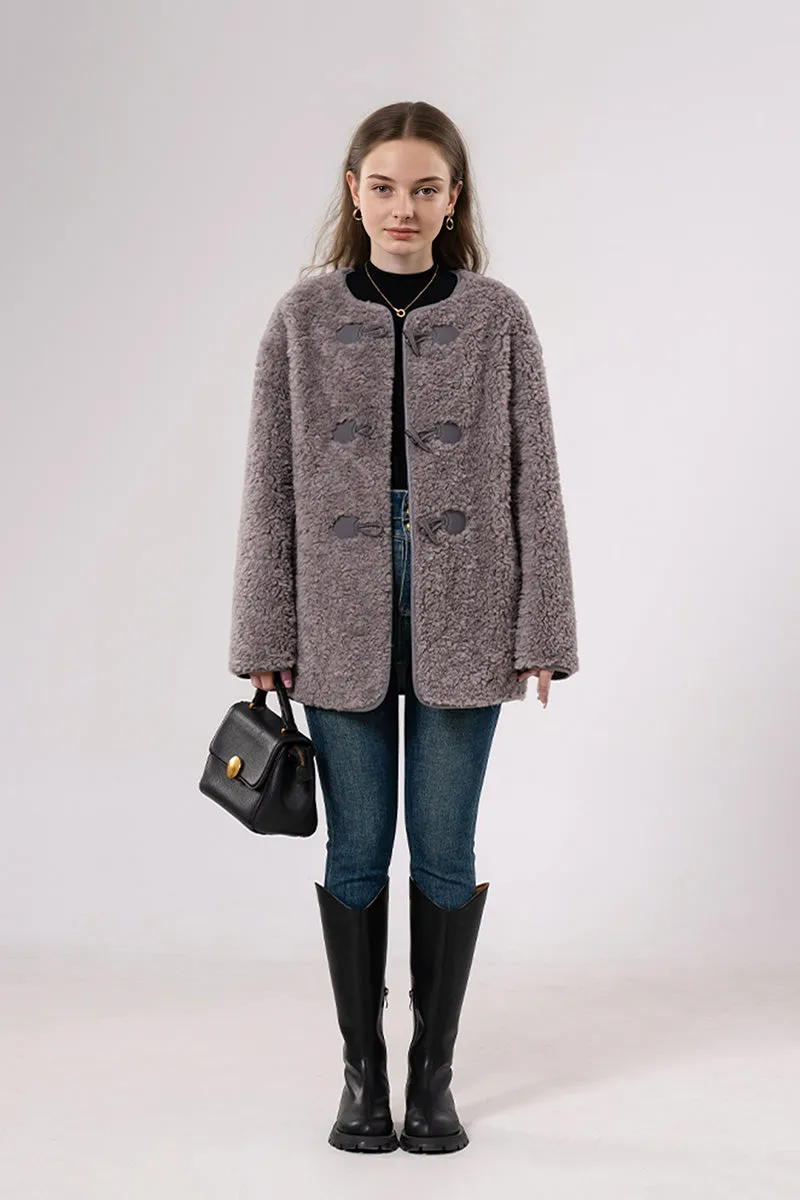 Faux Shearling Collarless Teddy Wool Toggle Coat