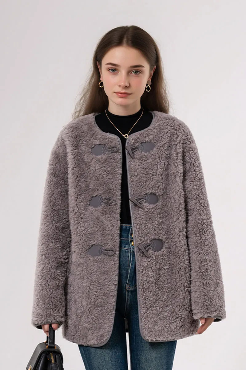 Faux Shearling Collarless Teddy Wool Toggle Coat