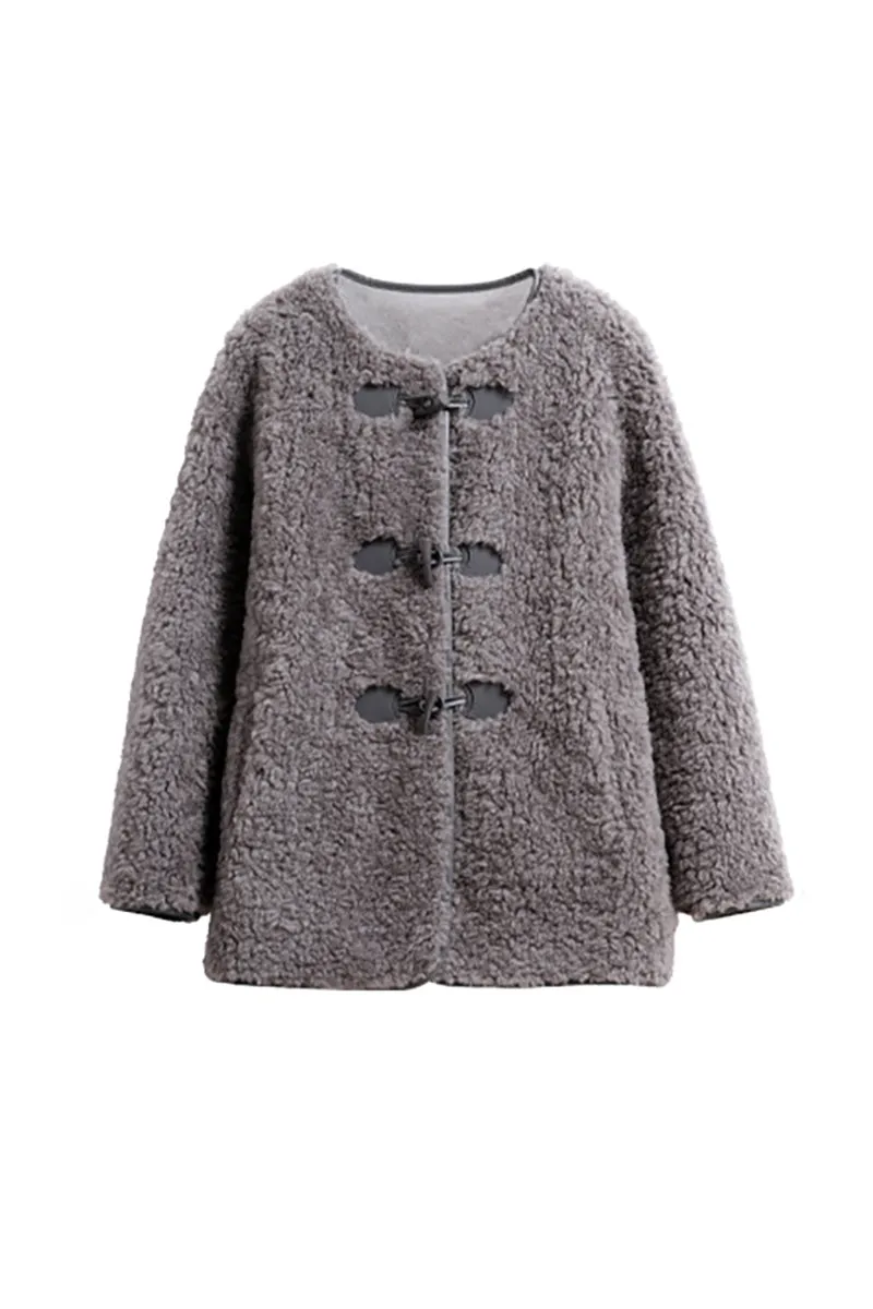 Faux Shearling Collarless Teddy Wool Toggle Coat