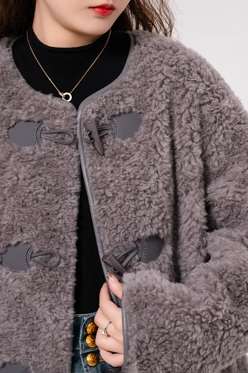 Faux Shearling Collarless Teddy Wool Toggle Coat