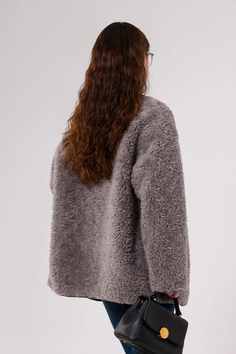 Faux Shearling Collarless Teddy Wool Toggle Coat