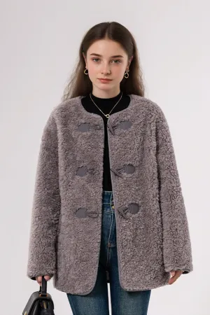 Faux Shearling Collarless Teddy Wool Toggle Coat