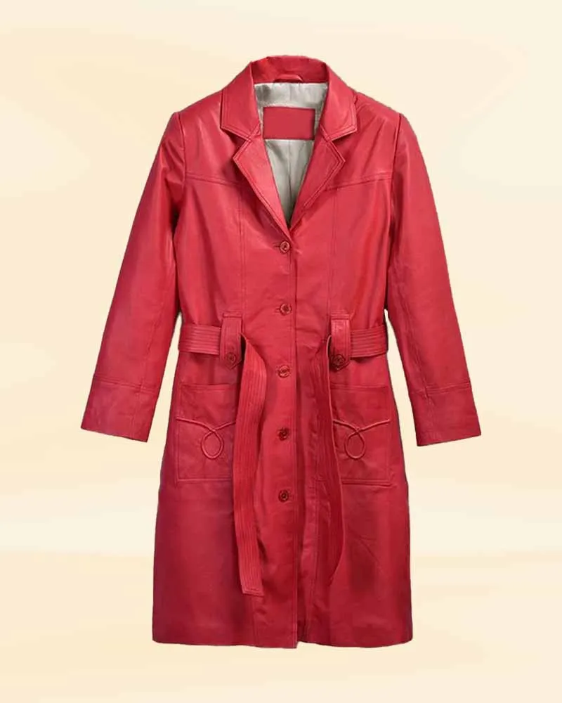 Fiery Raspberry Red Leather Maxi Coat