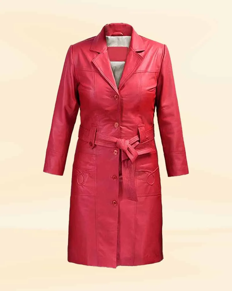 Fiery Raspberry Red Leather Maxi Coat