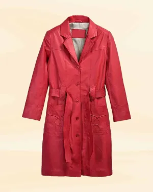 Fiery Raspberry Red Leather Maxi Coat