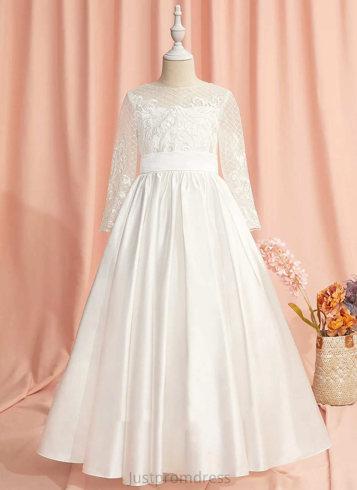 Floor-length Dress Scoop Flower Girl Dresses Neck Sleeves Girl Lace/V Ball-Gown/Princess Flower - Amaris Long Back Satin With