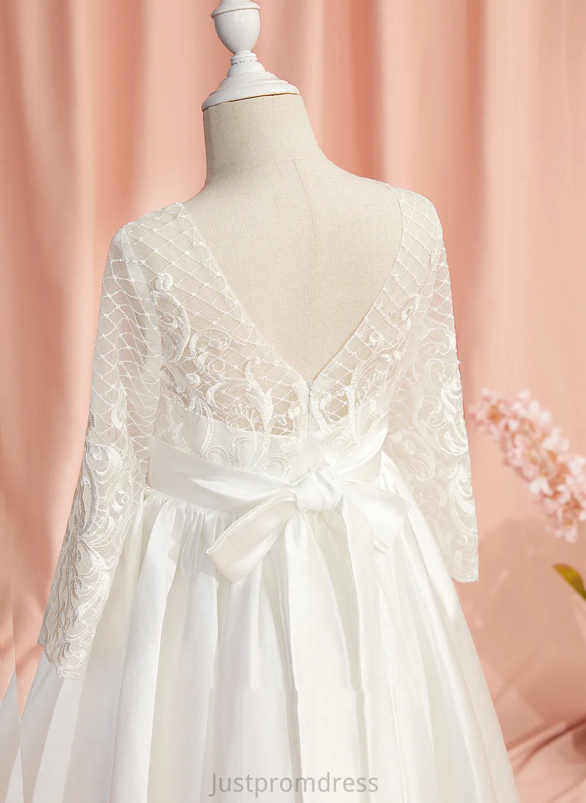 Floor-length Dress Scoop Flower Girl Dresses Neck Sleeves Girl Lace/V Ball-Gown/Princess Flower - Amaris Long Back Satin With