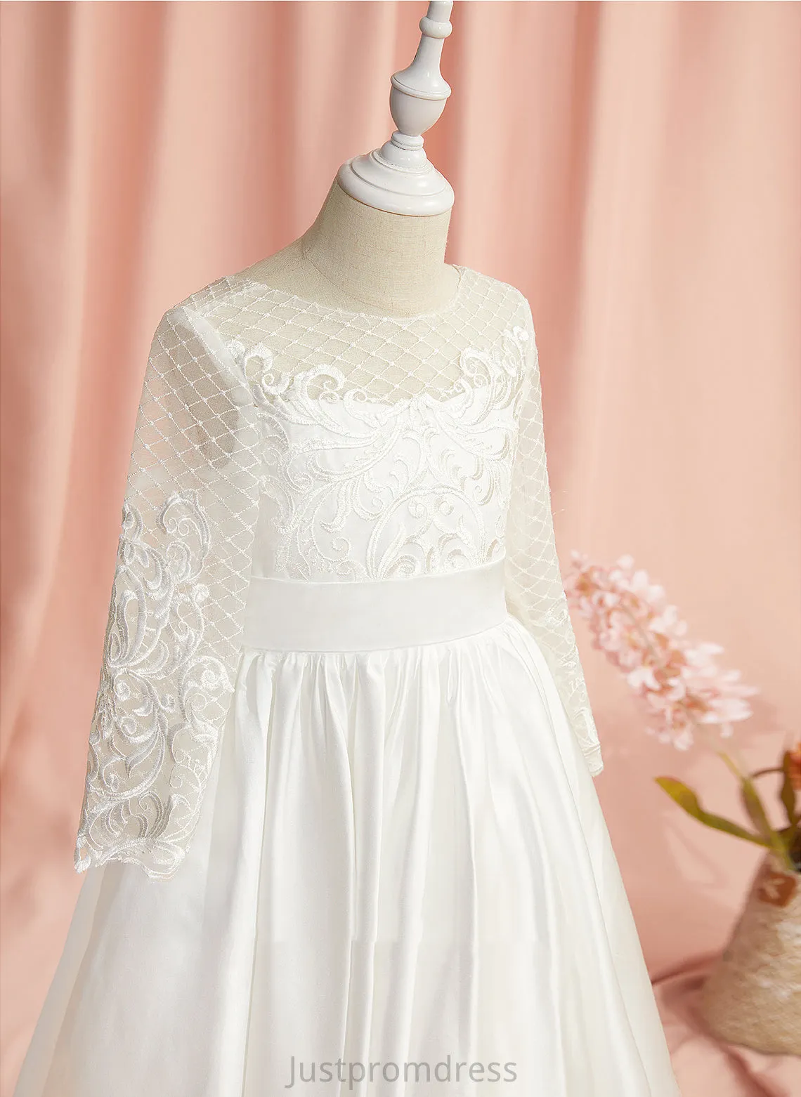 Floor-length Dress Scoop Flower Girl Dresses Neck Sleeves Girl Lace/V Ball-Gown/Princess Flower - Amaris Long Back Satin With