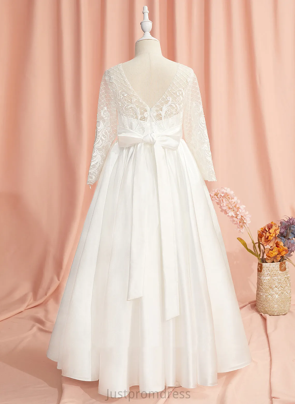 Floor-length Dress Scoop Flower Girl Dresses Neck Sleeves Girl Lace/V Ball-Gown/Princess Flower - Amaris Long Back Satin With