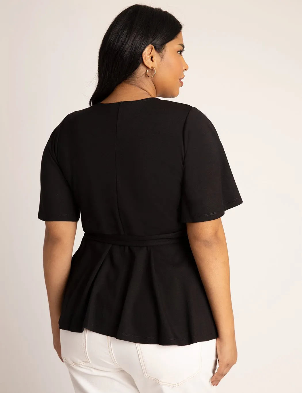 Flutter Sleeve Peplum Wrap Top in Totally Black