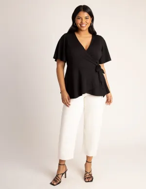 Flutter Sleeve Peplum Wrap Top in Totally Black