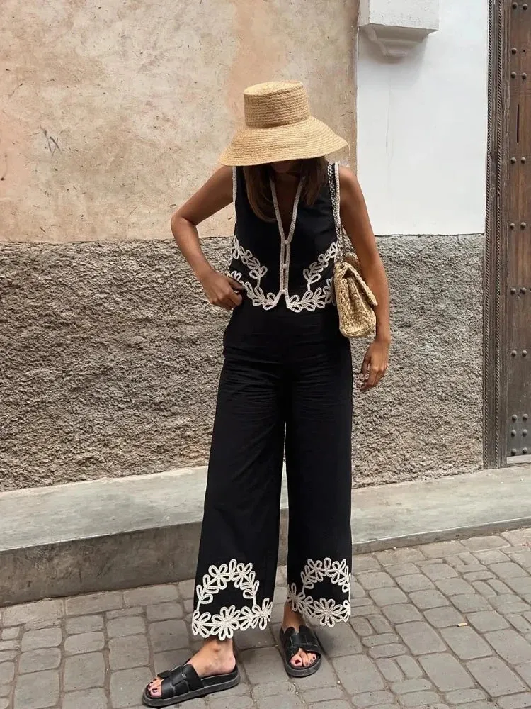Girlary Chic Embroidery Tops Pants Sets Women Contrasting V Neck Sleeveless Crop Vest Wide Leg Pant Set Female 2024 Summer Lady Outfits