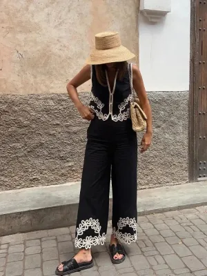 Girlary Chic Embroidery Tops Pants Sets Women Contrasting V Neck Sleeveless Crop Vest Wide Leg Pant Set Female 2024 Summer Lady Outfits