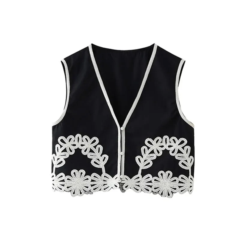 Girlary Chic Embroidery Tops Pants Sets Women Contrasting V Neck Sleeveless Crop Vest Wide Leg Pant Set Female 2024 Summer Lady Outfits