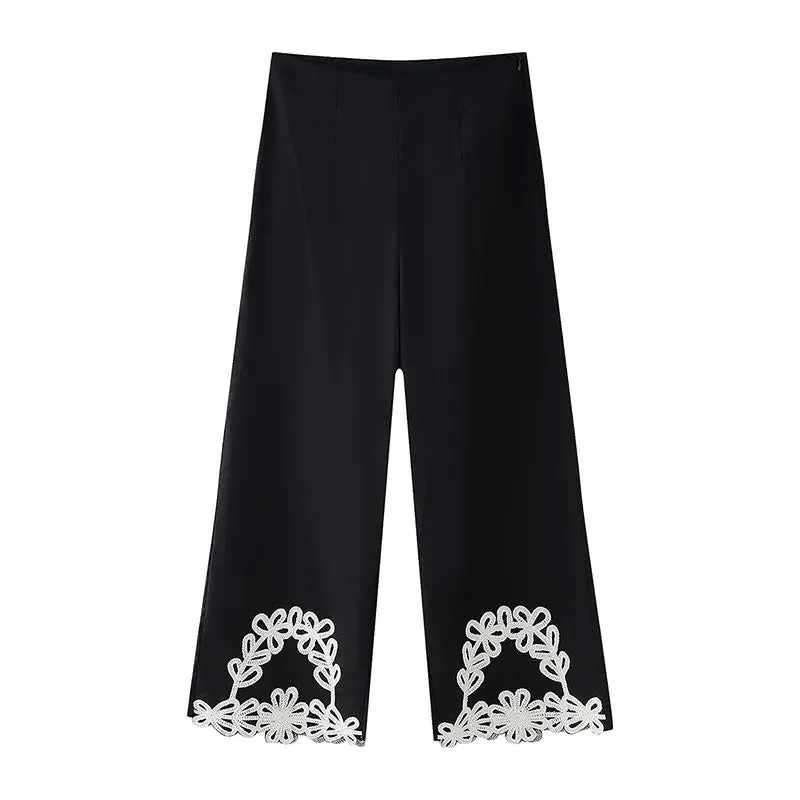 Girlary Chic Embroidery Tops Pants Sets Women Contrasting V Neck Sleeveless Crop Vest Wide Leg Pant Set Female 2024 Summer Lady Outfits