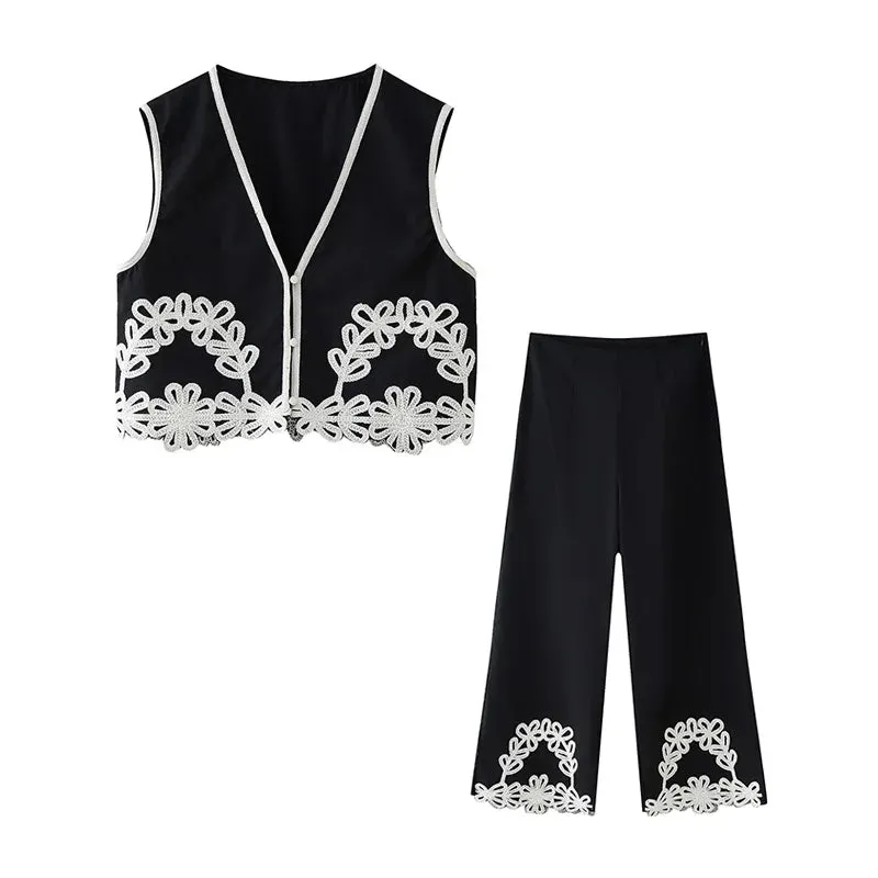 Girlary Chic Embroidery Tops Pants Sets Women Contrasting V Neck Sleeveless Crop Vest Wide Leg Pant Set Female 2024 Summer Lady Outfits