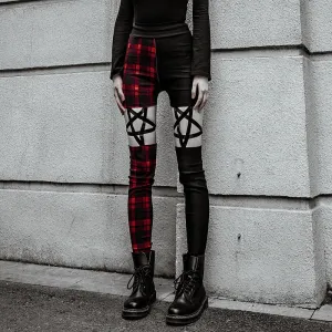 Gothic Slim Fit High Waist Zipper Plaid Hollow Out Pencil Pants