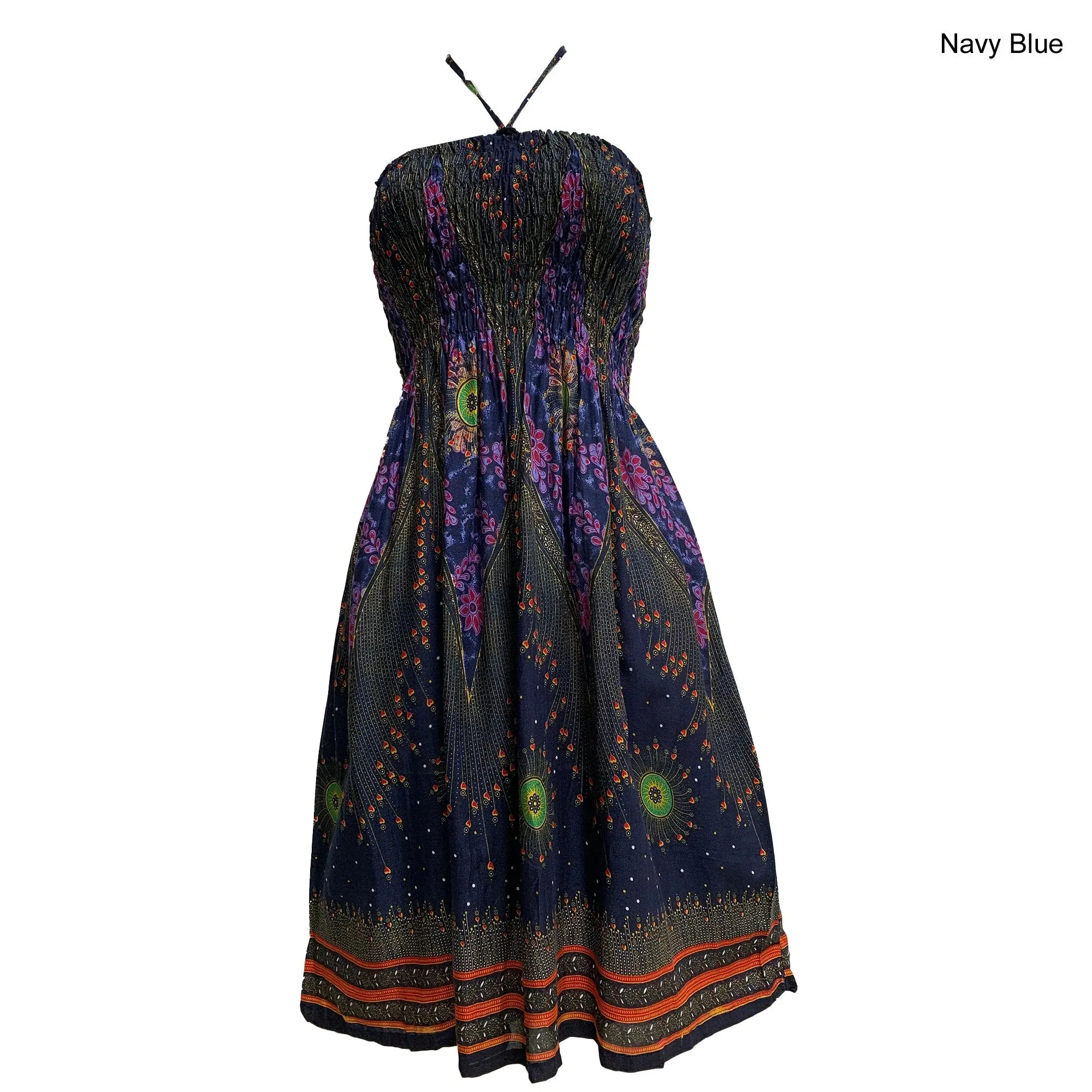 Halter Neck Peacock Print Cotton Mini Boho Summer Sundress Tube Dress NONA2