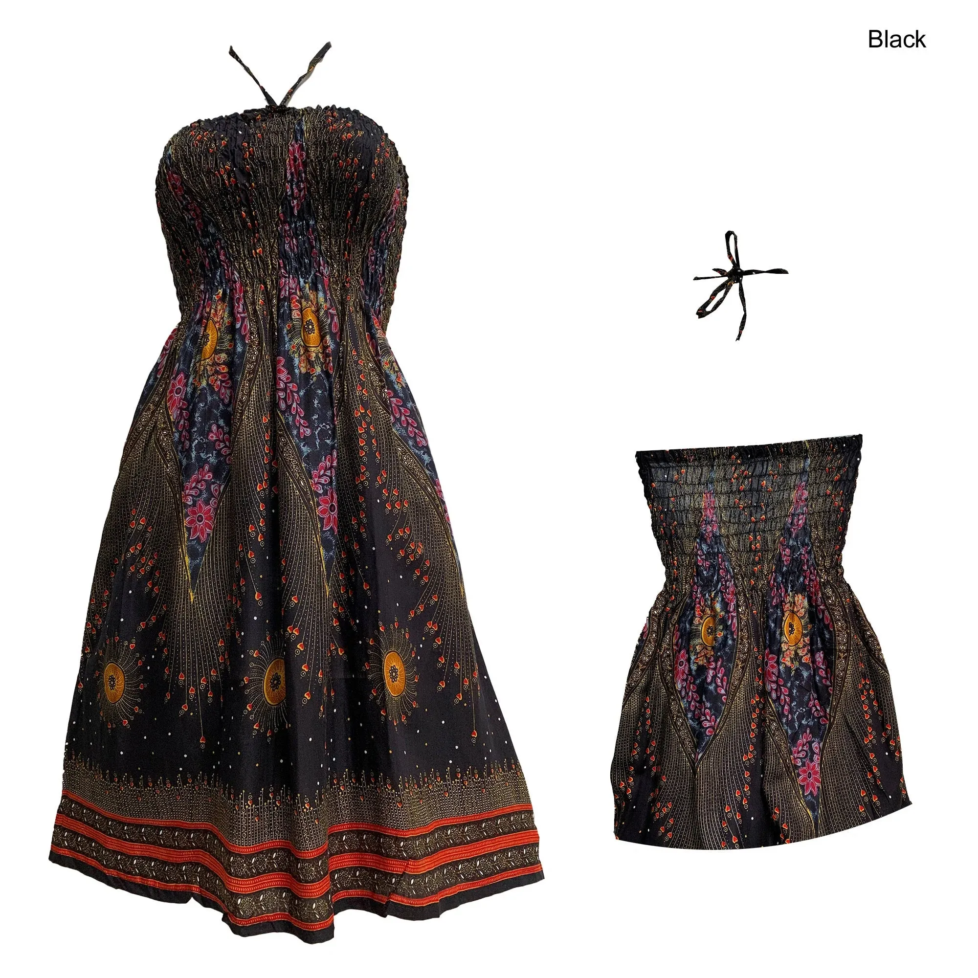 Halter Neck Peacock Print Cotton Mini Boho Summer Sundress Tube Dress NONA2