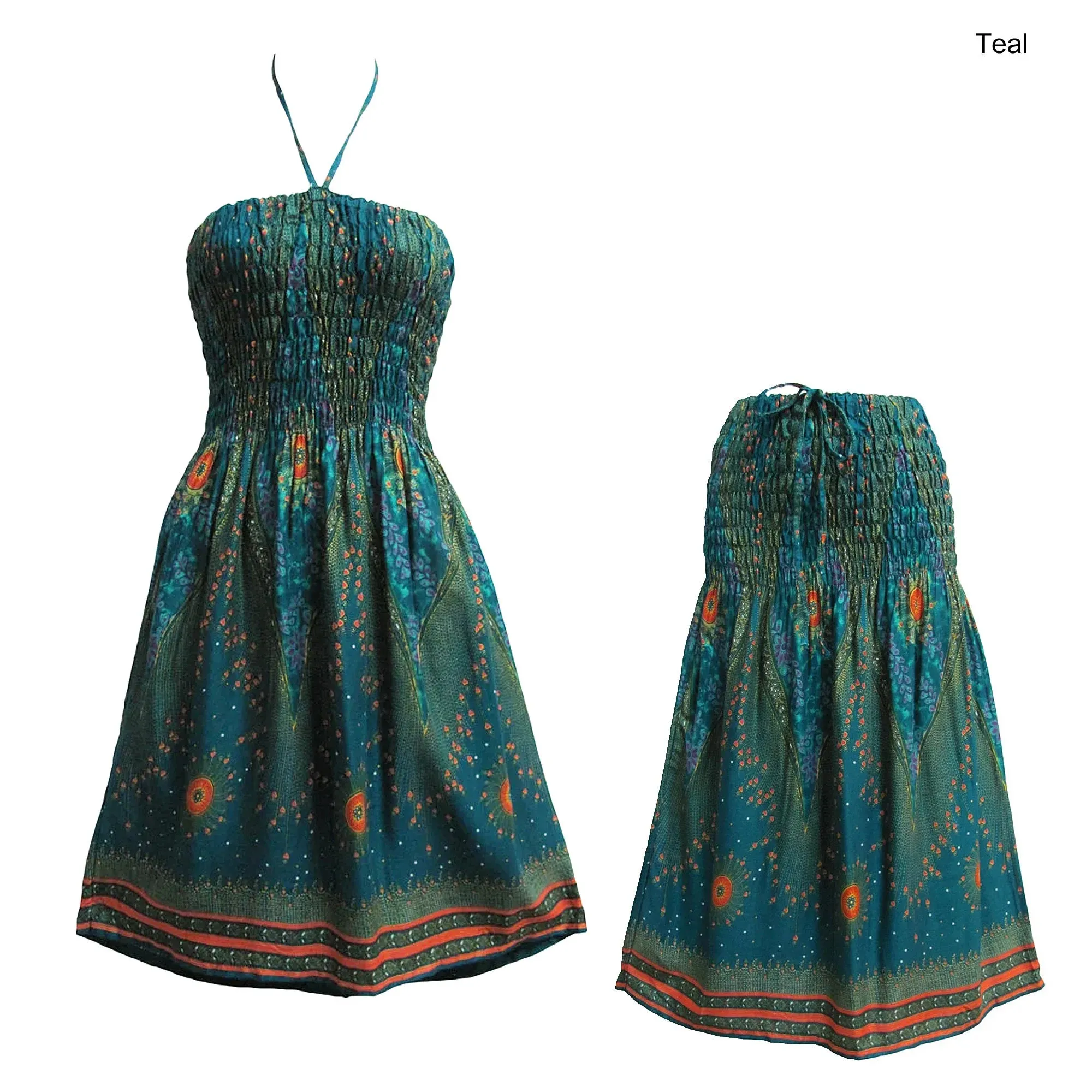 Halter Neck Peacock Print Cotton Mini Boho Summer Sundress Tube Dress NONA2