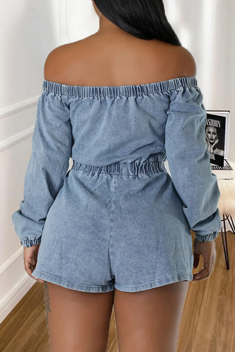 JK702 Denim Pocket Off-Shoulder Long-Sleeve Romper