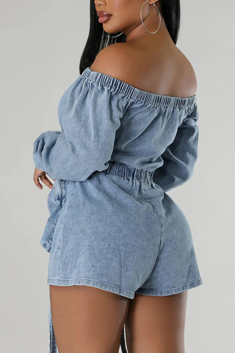 JK702 Denim Pocket Off-Shoulder Long-Sleeve Romper