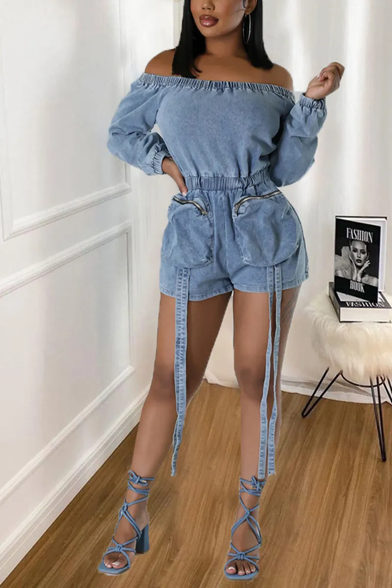 JK702 Denim Pocket Off-Shoulder Long-Sleeve Romper
