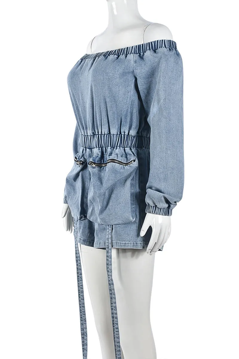 JK702 Denim Pocket Off-Shoulder Long-Sleeve Romper