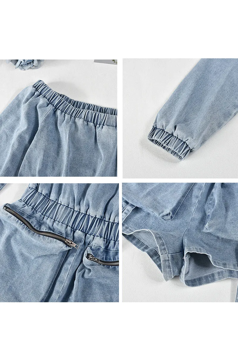 JK702 Denim Pocket Off-Shoulder Long-Sleeve Romper