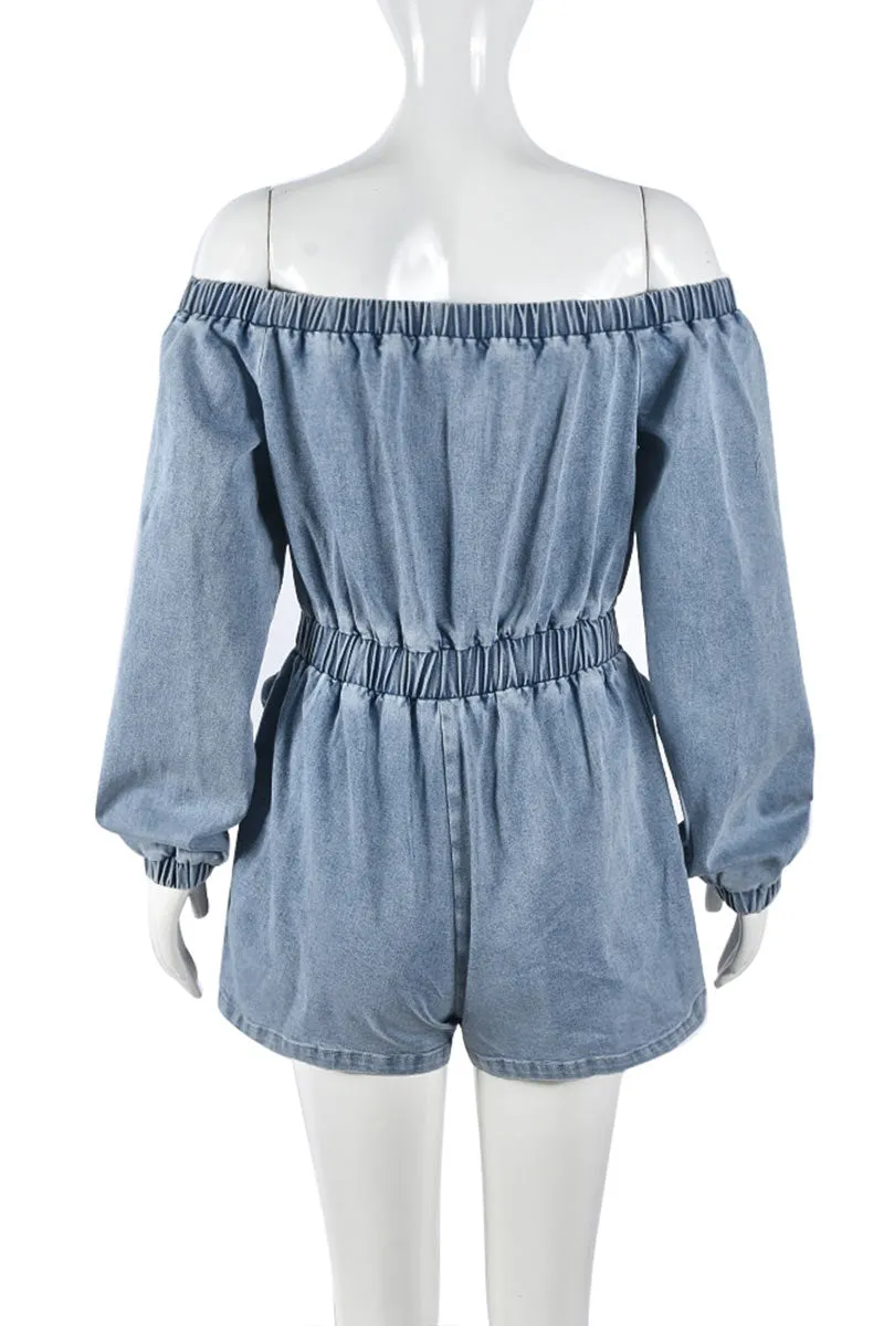 JK702 Denim Pocket Off-Shoulder Long-Sleeve Romper