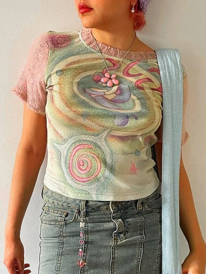 Joskaa Print Patchwork Short Sleeve Tee