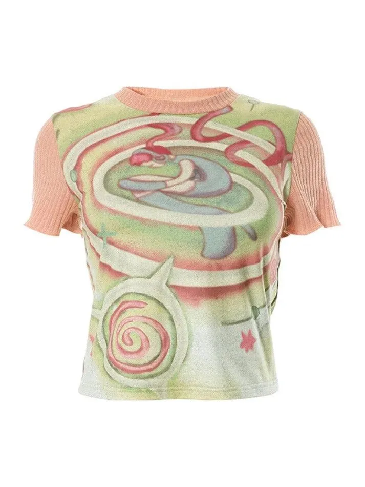 Joskaa Print Patchwork Short Sleeve Tee