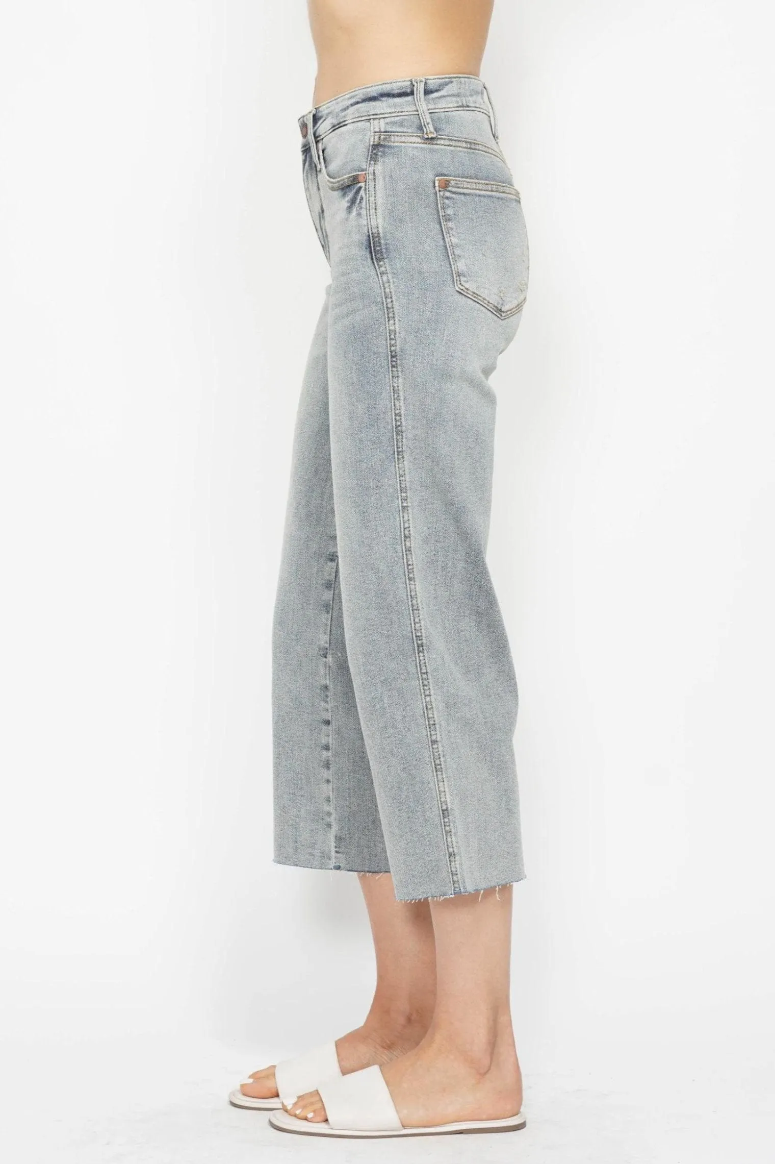 Judy Blue Mid Rise Tummy Control Raw Hem Cropped Wide Leg Jeans